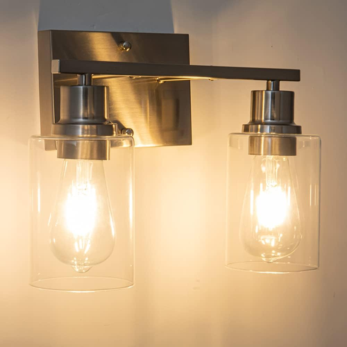 Brushed Nickel Bathroom Light Fixtures, 2-Light Vanity Light with Clear Glass Sh - Picture 2 of 8
