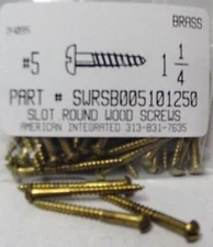 #5x1-1/4 Round Head Slotted Wood Screws Solid Brass (15)