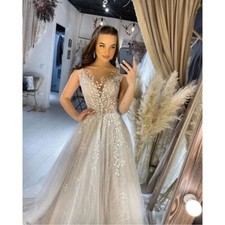 Lace Shiny Tulle Sleeveless A-Line Wedding Dresses Custom Size Bridal Gown Train