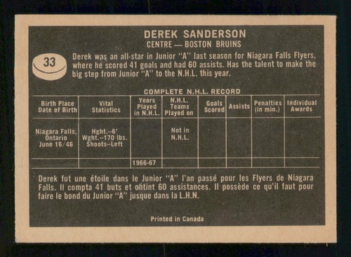 DEREK SANDERSON RC 1967-68 TOPPS 67-68 NO 33 EX+ 84252 - Picture 2 of 2