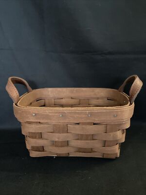 2007 Longaberger Basket Deep Brown Knick Knack Tea Leather Handles Tub #5