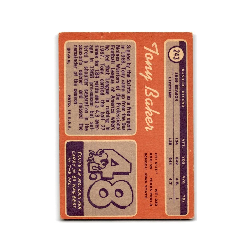 1970 Topps Tony Baker RC Saints #243 - Image 2 of 3