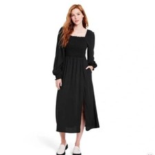 La Ligne X Target Womens Black Smocked Bodice Midi Dress Size XS Slit Pockets