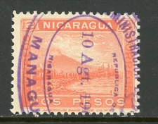 Nicaragua 1900 Momotombo 2 Peso Salmon Scott # 132 VFU W323 ⭐☀⭐☀⭐