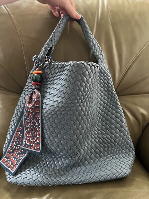 Firenze Bella Blue Woven Slouchy Satchel w/ Scarf Keychain Purse Bag