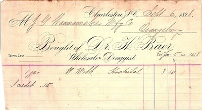 1891 Dr. H. Baer, Charleston SC Druggist Billhead