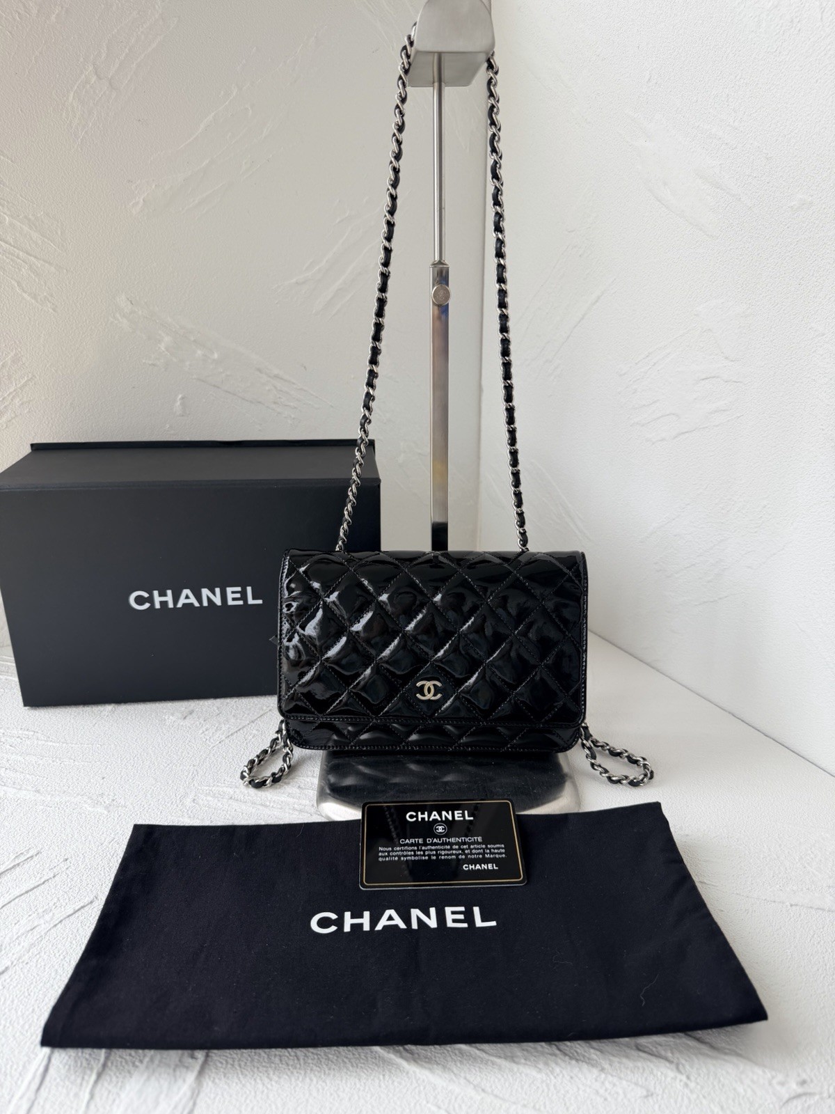 Authentic Pre‑Owned Chanel Wallet On Chain, Black Patent Leather