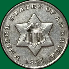 1851-O Three Cent Silver Trime Almost Uncirculated Coin details