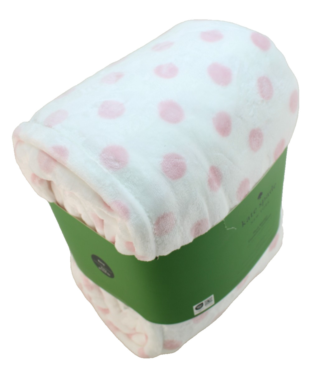 KATE SPADE King Size 112" x 92" Pink / White Polka Dot /Badge Logo Plush Blanket thumbnail 11