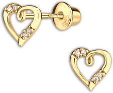 Girl'S 14K Gold-Plated Heart Earring with Czs and Screw Back Hypoallergenic Stud