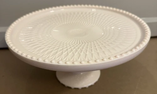 Vintage Jeanette Shell Pink Milk Glass CAKE STAND Pedestal Plate Beaded Edge 10"
