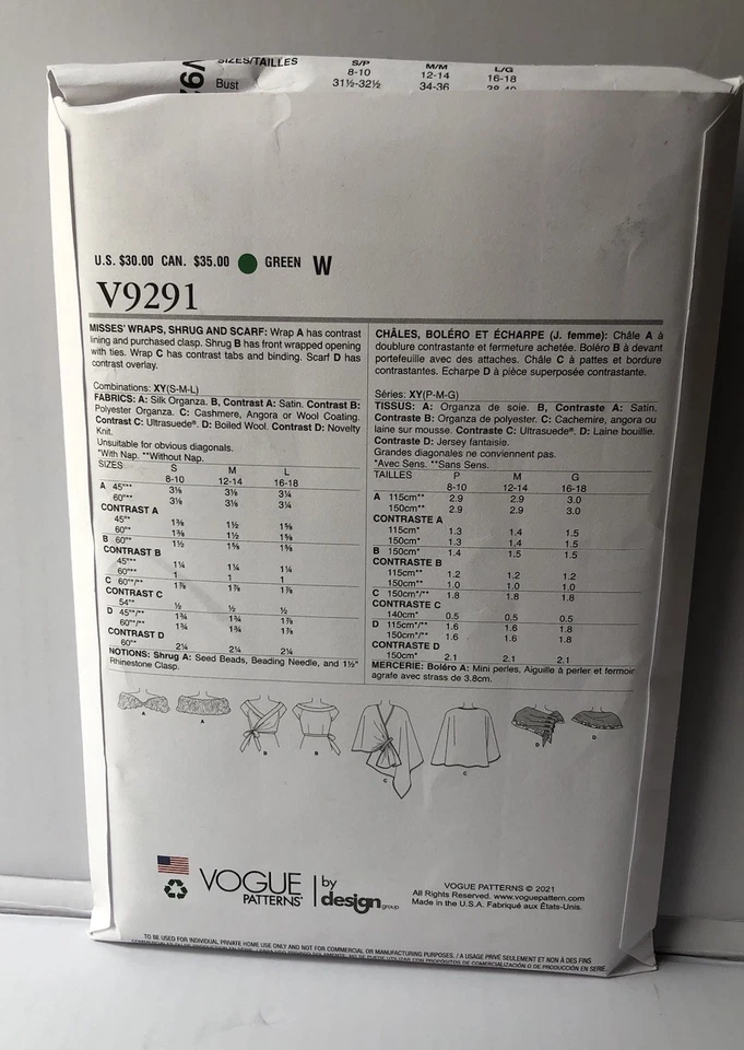 Vogue Sewing Accessories Patterns V9291 Wraps Shrug Scarf Sizes Sml-Med-Lrg New - Image 2 of 2
