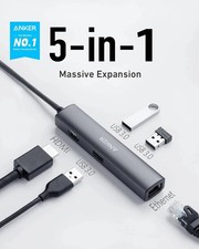 ANKER USB-C Hub Adapter 5-in-1 Power Expand HDMI USB 3.0 Ethernet A8338