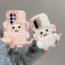 Case For iPhone Samsung Girls Warm Plush Fluffy Pet Lovely 3D Monkey Phone Cover