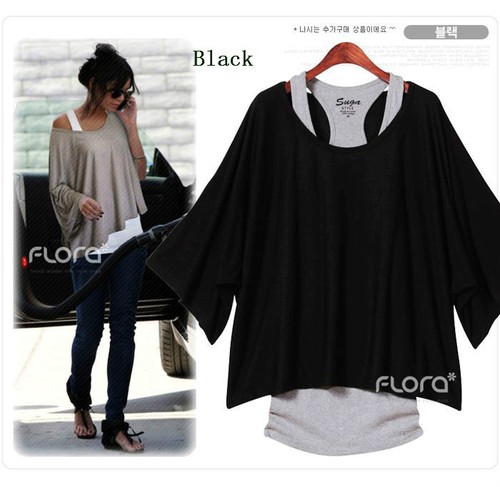 Womens Ladies 2 Pcs Short Batwing Sleeve Loose Vest Top T-Shirt - Picture 7 of 17