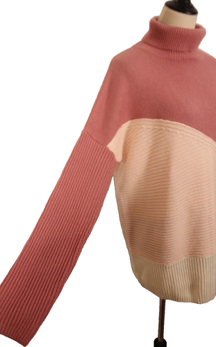 French Connection Size L Rose Pink Cream Ribbed Knit Roll Neck Wool Cot Jumper - Picture 4 of 9