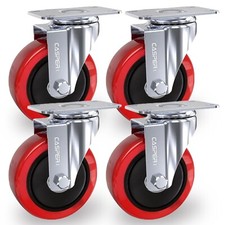 x4 100mm Heavy Duty 600Kg/Set Red Polyurethane Fixed Castors Casters Wheels