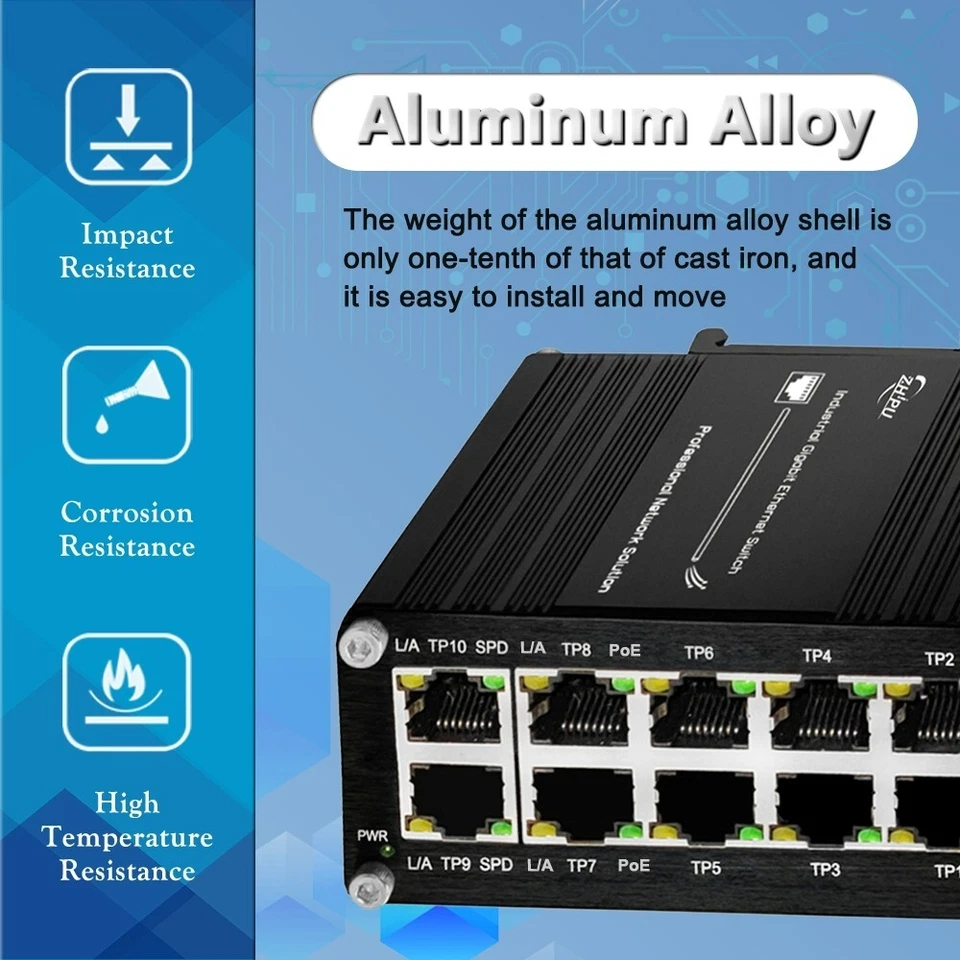 Mini Industrial 10 RJ45 Ports Gigabit Ethernet PoE Switch with 12V/24V/48V Input - Image 3 of 4