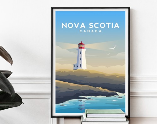 Nova Scotia Art Print, Canada Poster, Peggy's Cove Lighthouse Illustration - Picture 3 of 5