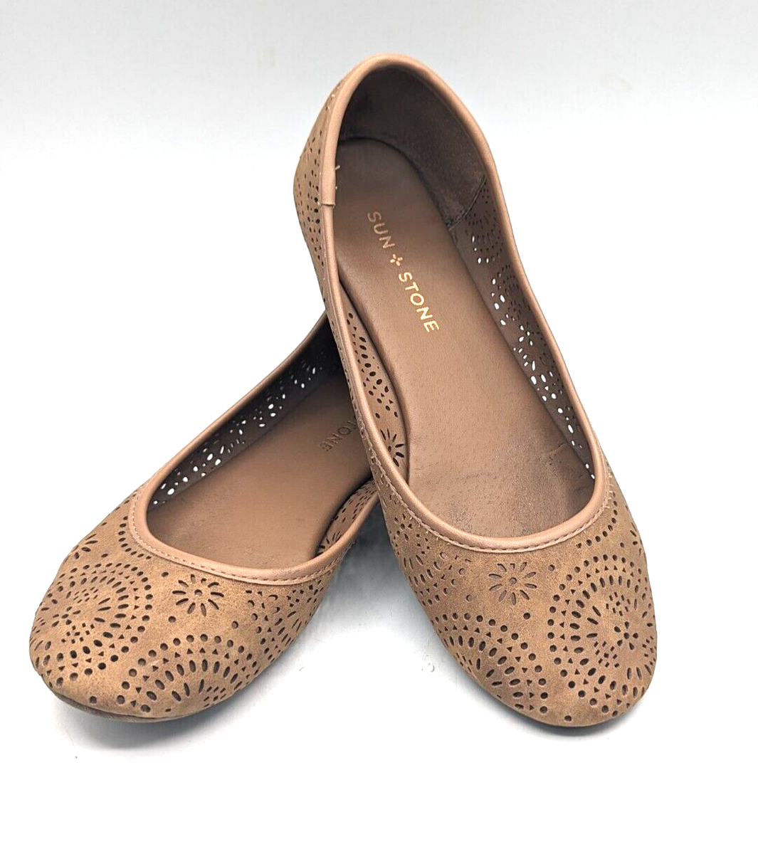 Sun Stone Women's Sophia Ballet Flats Shoes Tan Perforated Slip - Main Image