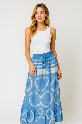 Boho Blue Tie-Dye Maxi Skirt   Lightweight Cotton Blend   Size: Free (Fits L-2X)