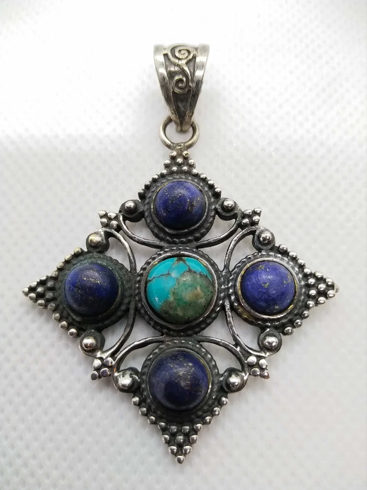 pendaglio nepalese , tibetano con turchese e lapislazzulo - Immagine 4 di 4