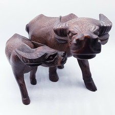 Vintage Hand Carved Wood Water Buffalo set family