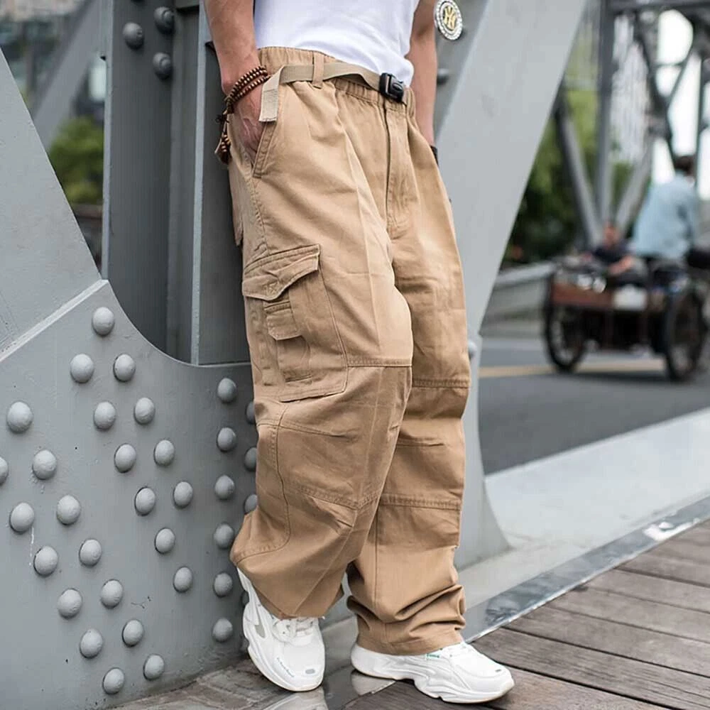 Loose Cargo Pants Men Cotton Straight Trousers Wide Leg Streetwear