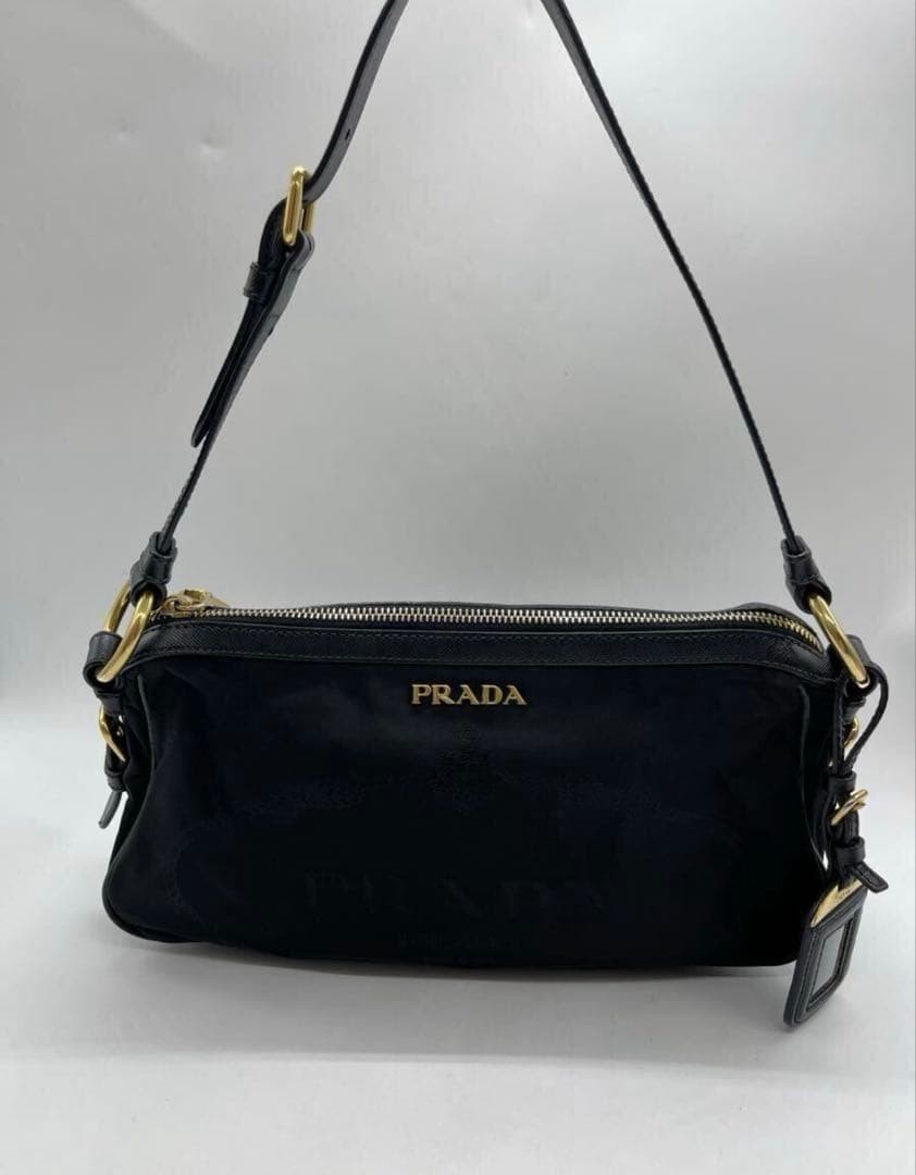 PRADA Logo Jacquard Shoulder Bag Black Nylon Gold HW