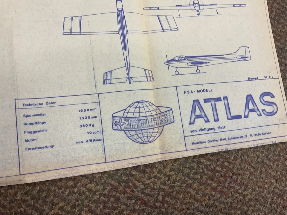ATLAS F3A BY WOLFGANG MATT R/C NITRO/GLOW MODEL PATTERN AIRPLANE PLANS 10CC 60" - Image 2 of 4