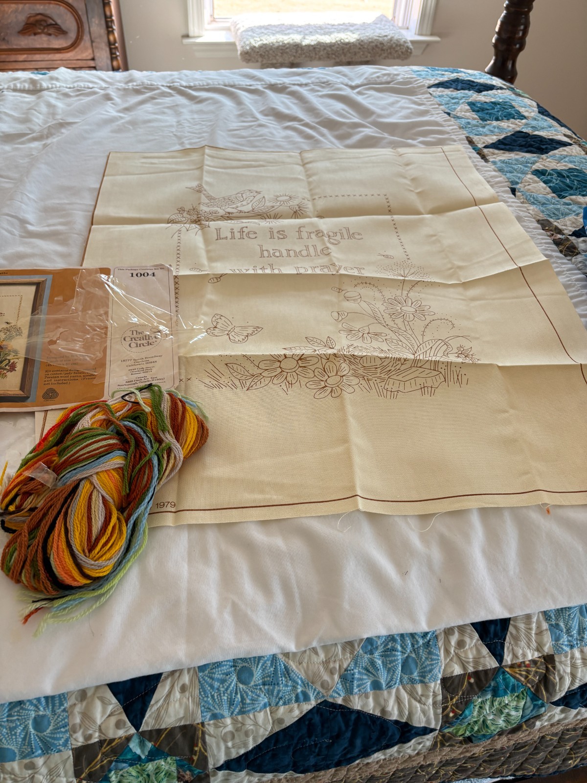 VTG Creative Circle Life is Fragile Handle w/ Prayer Crewel Embroidery Kit 1004