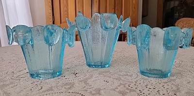 3 Vintage Ice Blue Viking Textured Glass Finnish Crown Bowls Pots Vases