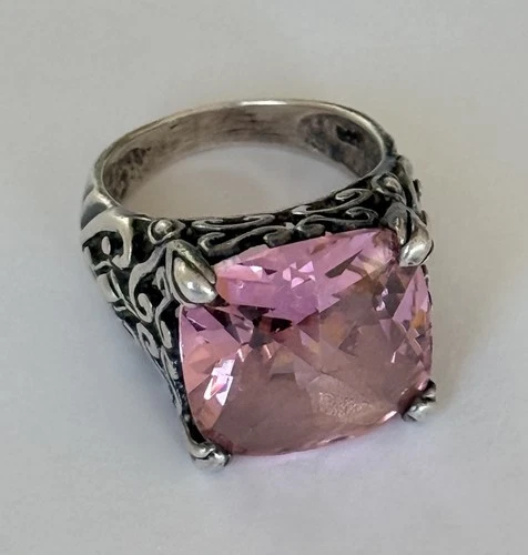 Vintage Bali Sterling 925 Silver Pink Topaz Scroll Openwork Ornate Ring Size 6