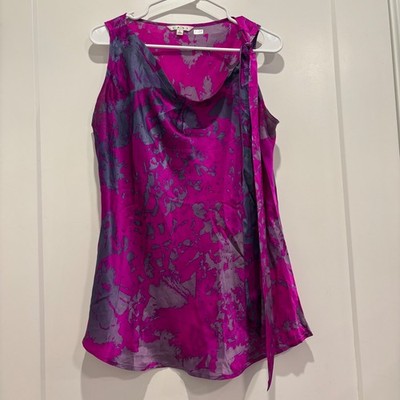 Cabi 100% Silk Cowl Neck Tank Top Magenta Purple Abstract Print Sleeveless Large