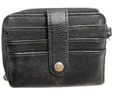 Womens Black Slim Card Holder Wallet Zipper Snap ID Viewer Chain Accessory