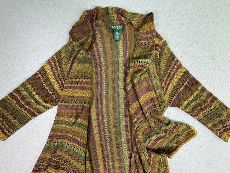 Cárdigan Lauren Ralph Lauren Petite para mujer M L marrón verde lino seda drapeado Foto 2 de 4