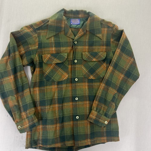 Vintage 1960s 70s Pendleton Board Shirt Small Green Orange Shadow Plaid Wool USA