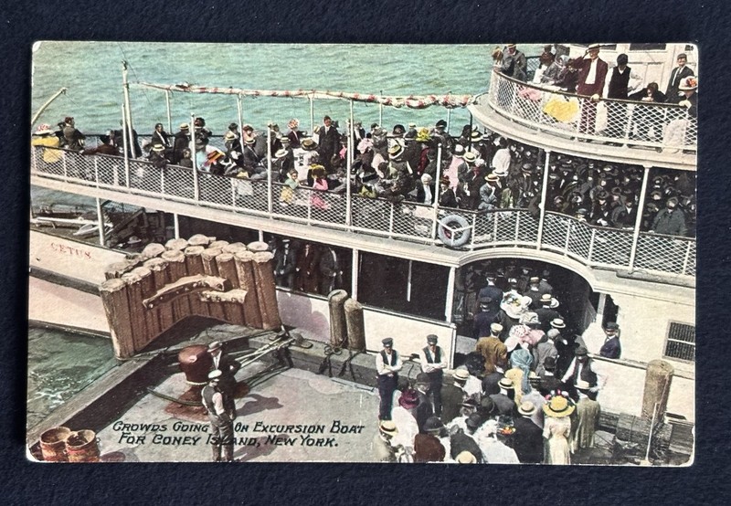 Crowds Going on Excursion Boat for Coney Island New York Postcard c1910
