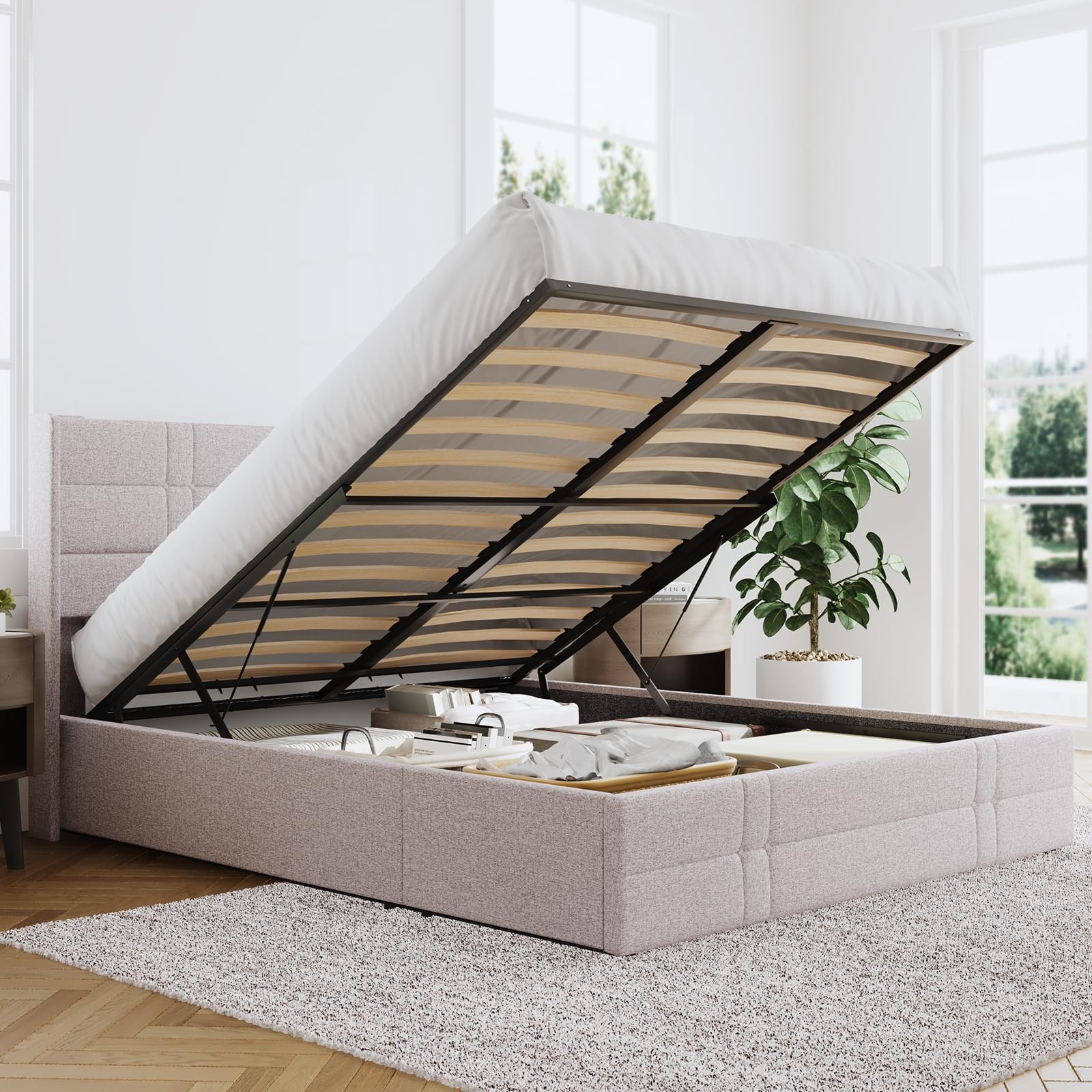 Полностью укомплектованная кровать Novilla N-F12006-F-BR с изголовьем и местом для хранения - Бежевый 36890₽