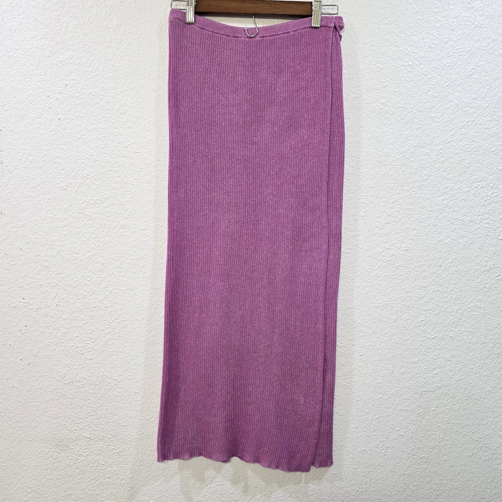 Free People Midi Skirt S Borderline Faux Wrap Orchid Pink Rib Stretch Knit Maxi