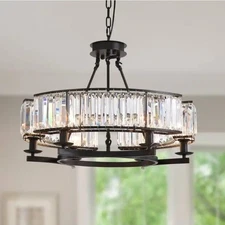 26" Round Crystal Chandelier Black Modern Industrial Glam Light Fixture 6-Lite