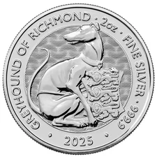 2025 U.K. 5 Pound 2 oz Silver Tudor Beast Greyhound of Richmond Brilliant