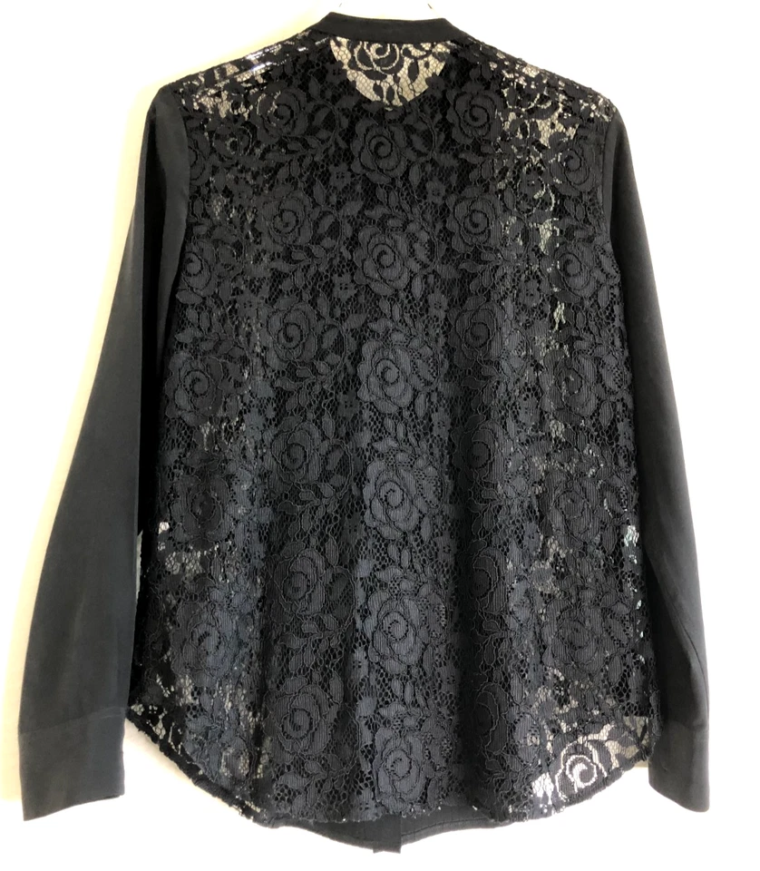EQUIPMENT Sz Medium Black Silk Lace Tuxedo Blouse Sheer Lace Back & Front Sides - Image 2 of 4