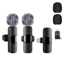 Wireless Lavalier Mic for iPhone Android USB-C, Dual Clip-On Lapel Mics wit...