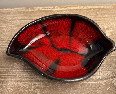 Vintage MCM Red & Black Drip Glaze Pottery Leaf Shaped Dish