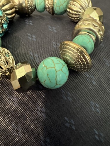 Bracelet Stretch Silver Tone Faux Turquoise Rhinestone Brass Tone Beads 8” Long - Picture 9 of 10