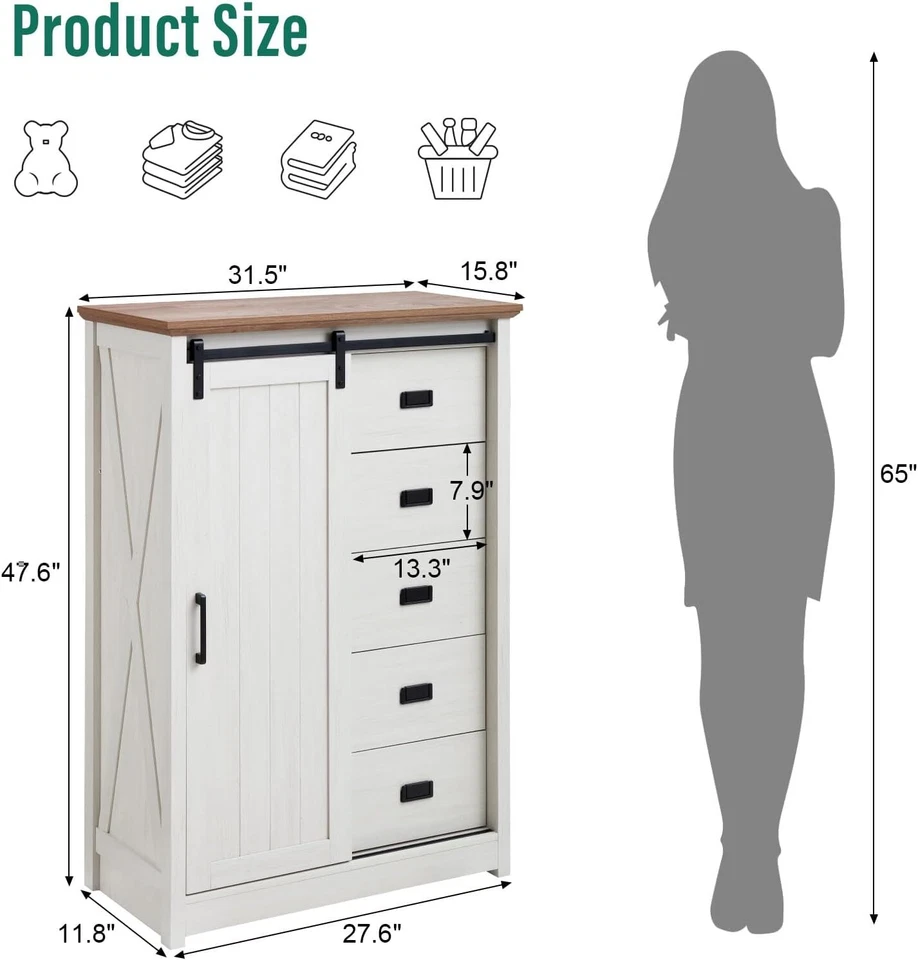 5 Drawers Storage Cabinet with Sliding Barn Door, Farmhouse Modern Tall Dresser - Image 2 of 4