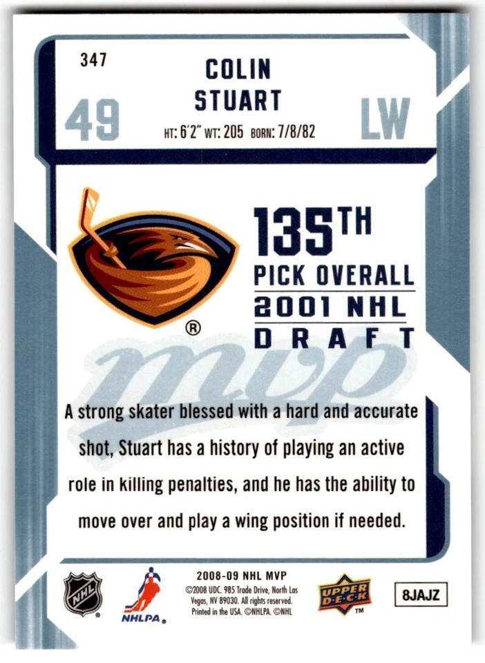 2008-09 Upper Deck MVP Colin Stuart Rookie #347 Atlanta Thrashers - Image 2 of 2