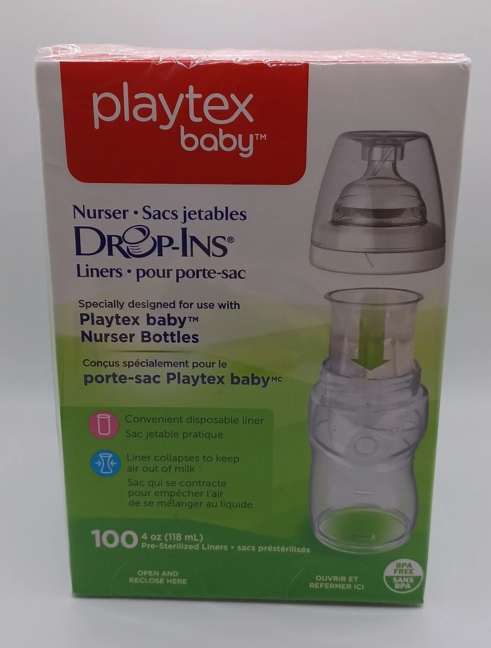 PLAYTEX Baby Nurser Drop-ins Bottle Liners 4 oz 100ct Pre-sterilized Disposable