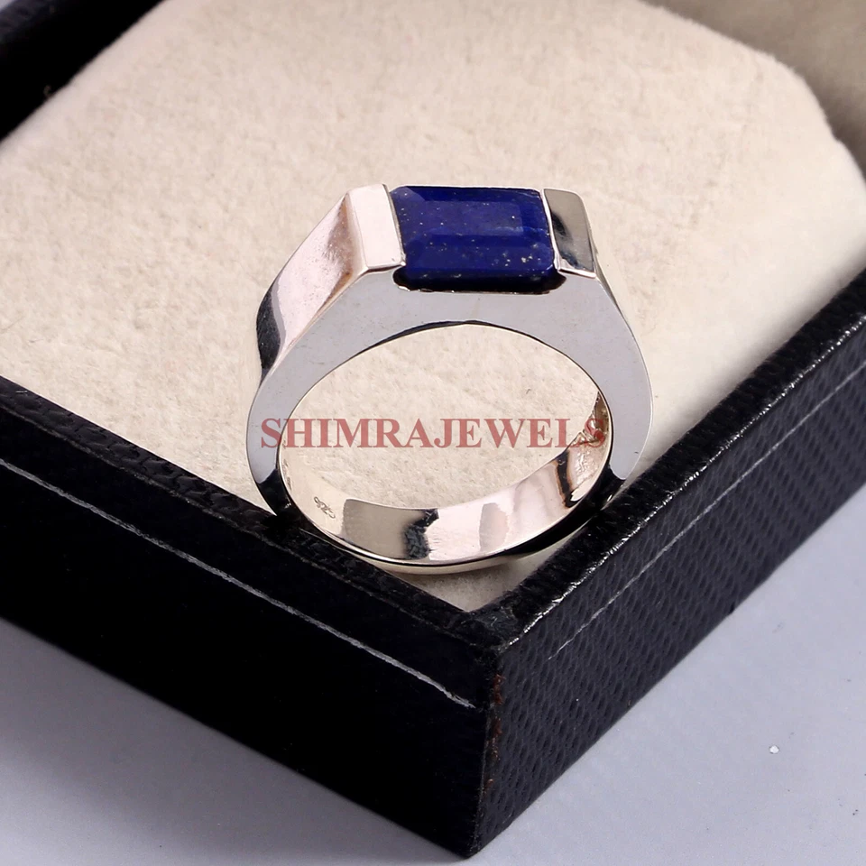 Piedra preciosa de lapislázuli natural con anillo de plata enchapado en oro blanco de 18 quilates para hombre #6 Foto 3 de 3